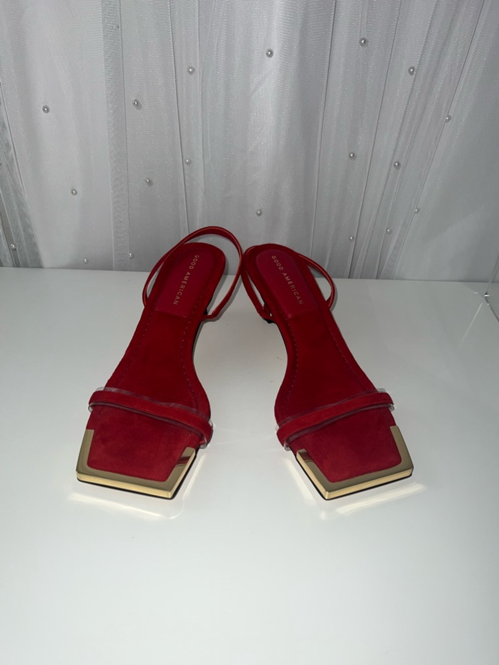 Good American Red Square-Toe Slingback Heels with Gold Accent